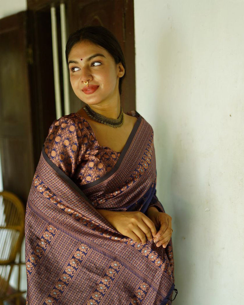 Blue Color Floral Soft Lichi Silk Saree