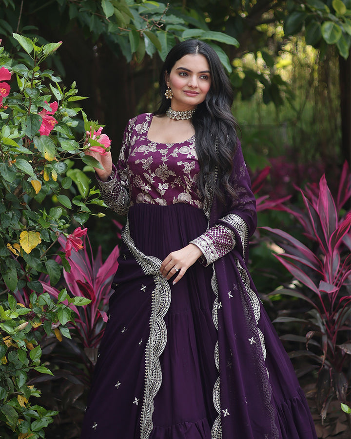 Wine Color Anarkali Gown With Faux Blooming Dupatta