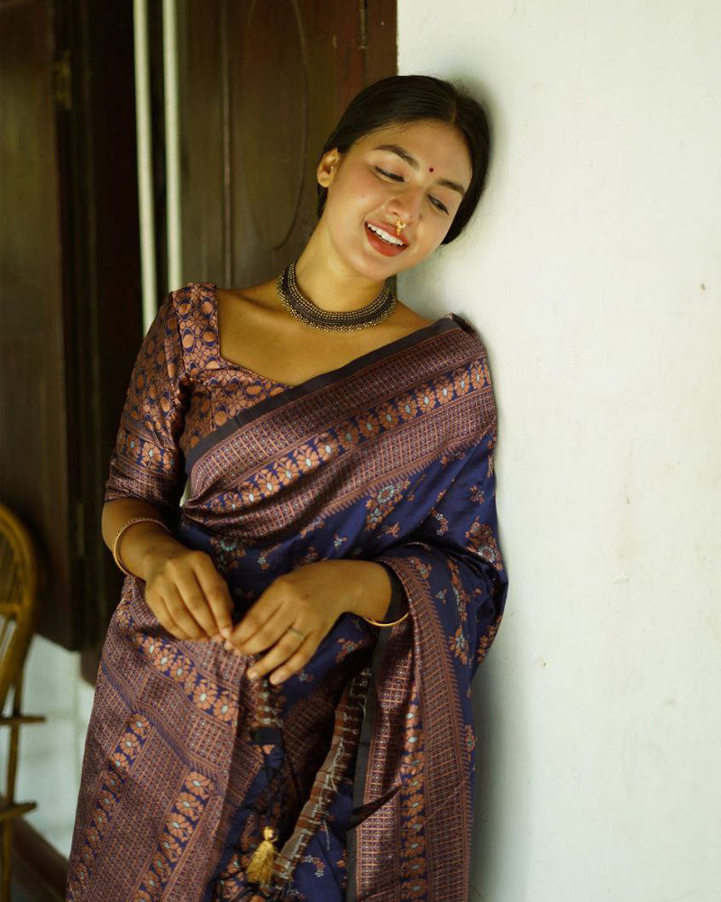 Blue Color Floral Soft Lichi Silk Saree