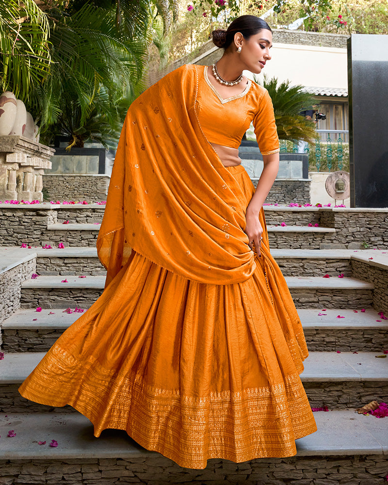Yellow Color Pure Chanderi Plain Navratri Lehenga Choli