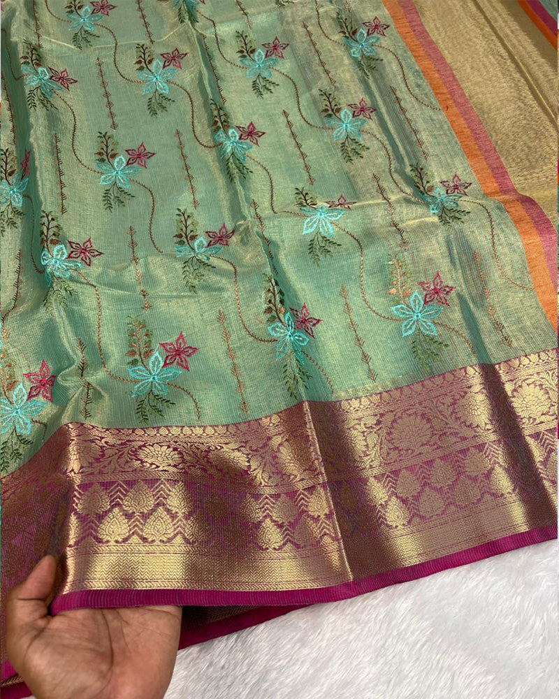 Sea Green Color Tissue Silk Floral Embroidered Saree