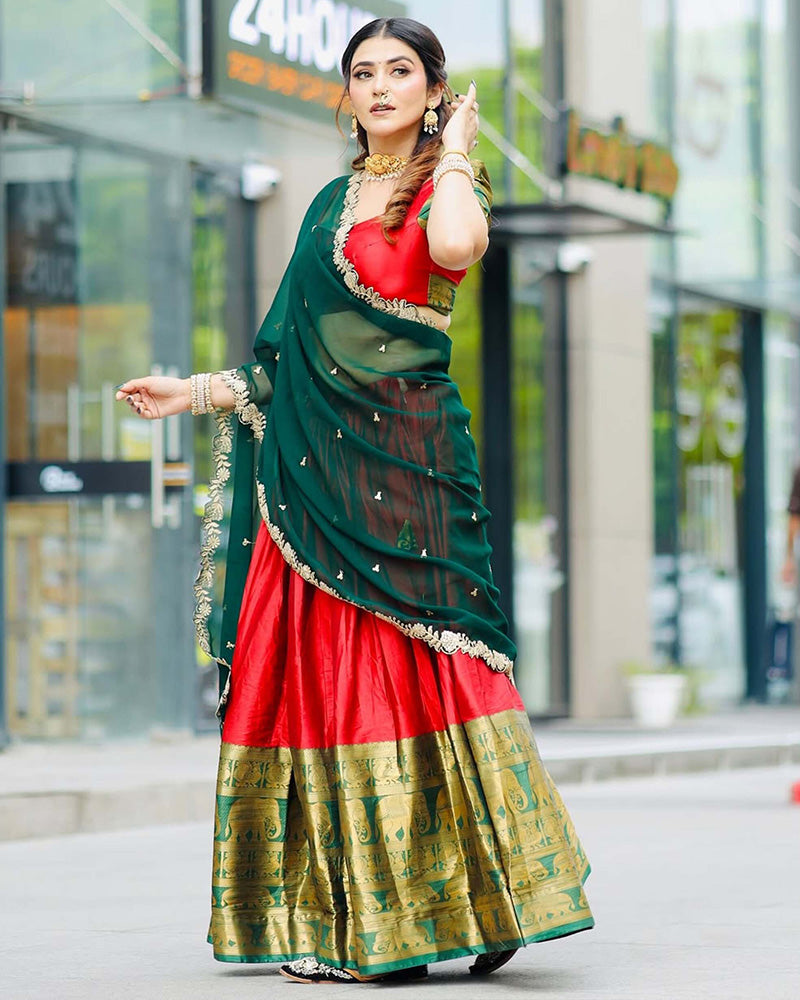 Sweta Chauhan In Red Color Narayan Pattu Silk Designer Half Saree
