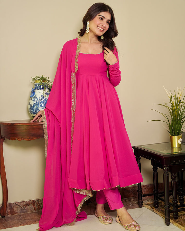 Rani Pink Color Georgette Three Piece Anarkali Suit