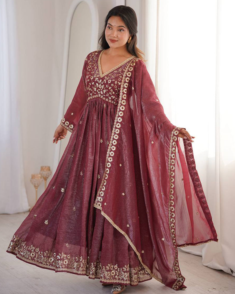 Dusty Maroon Color Crunchy SilkThree Piece Anarkali Suit