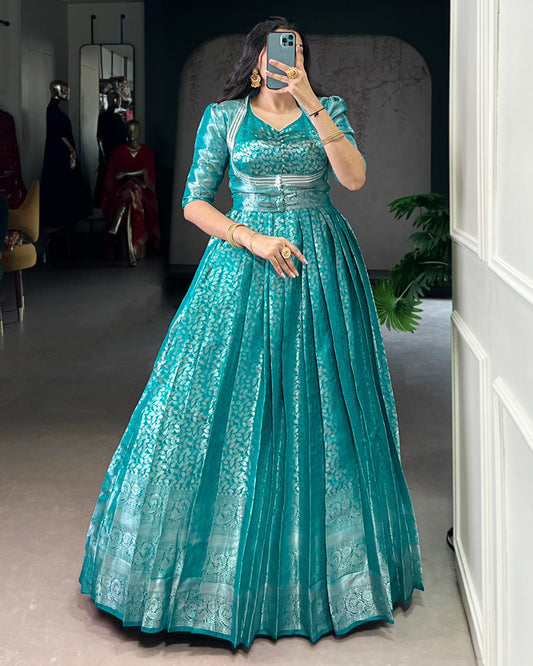 Firozi Color Kanjivaram Zari Weaving Gown