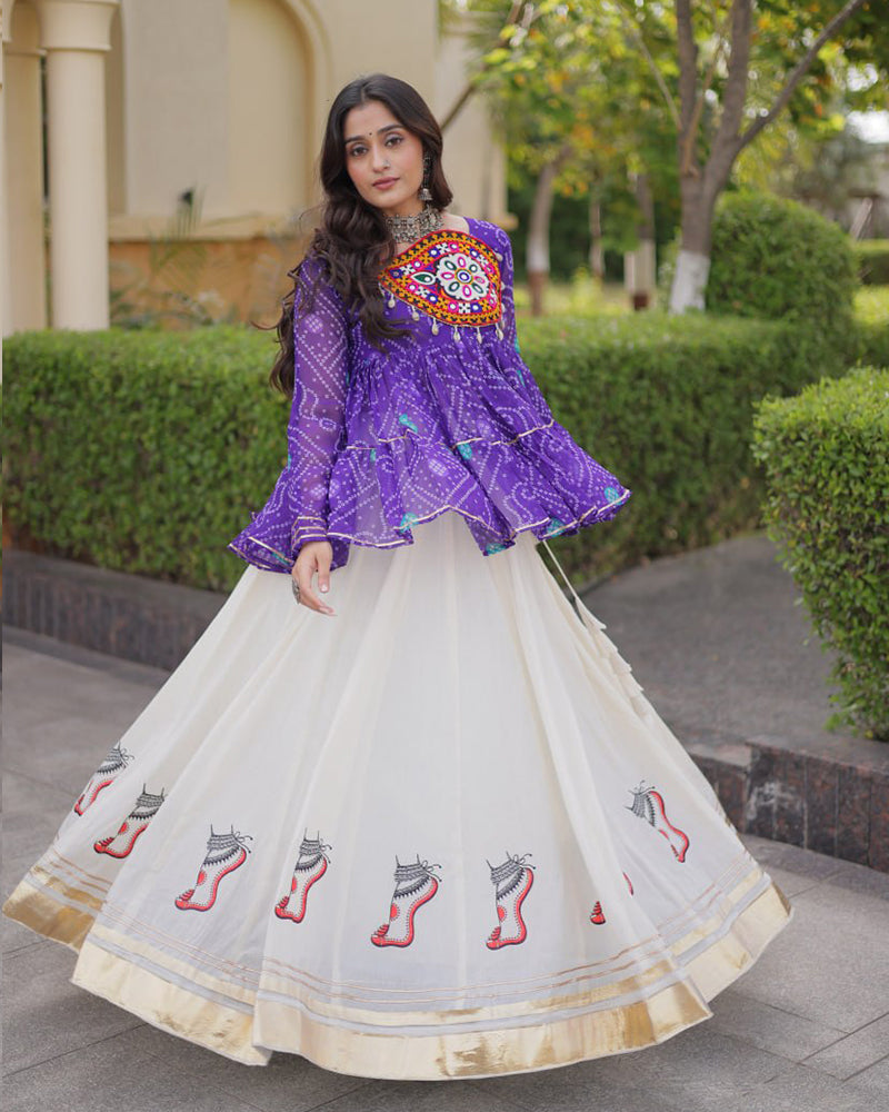 Purple Color Bandhani Printed With Kora Cotton Lehenga