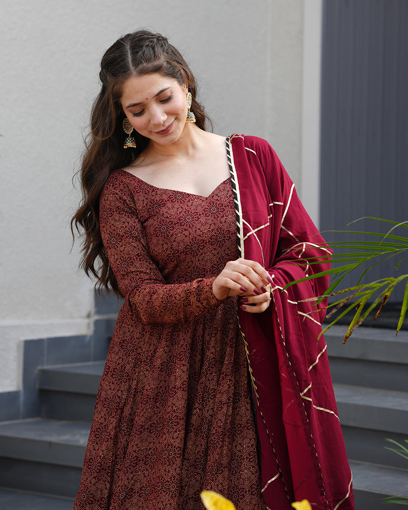 Maroon Color Pure Cotton Ajrakh Print Anarkali Suit