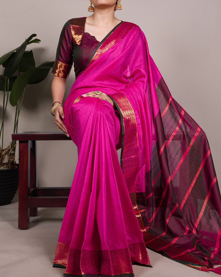 Rani Pink Color Zari Weaving Poly Cotton Saree