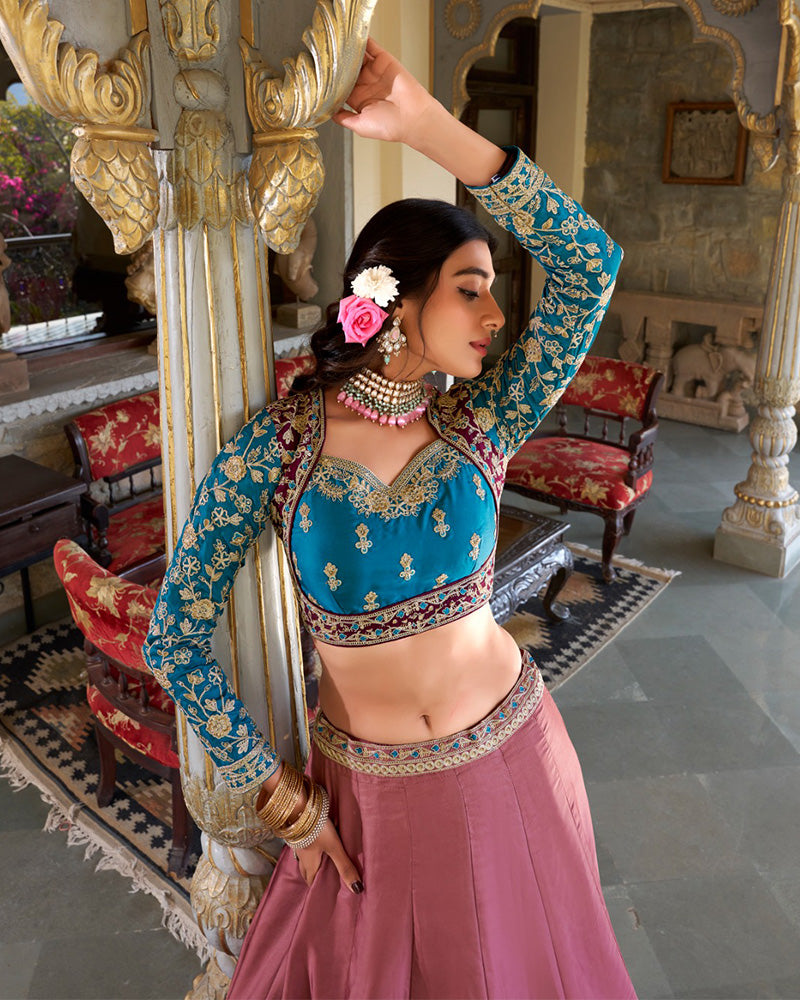 Peach Color Moonga Silk Embroidered Lehenga Choli
