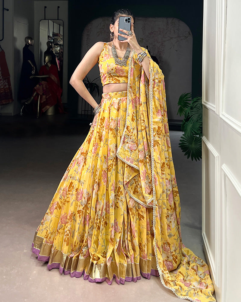 Yellow Color Chiffon Printed Lehenga Choli
