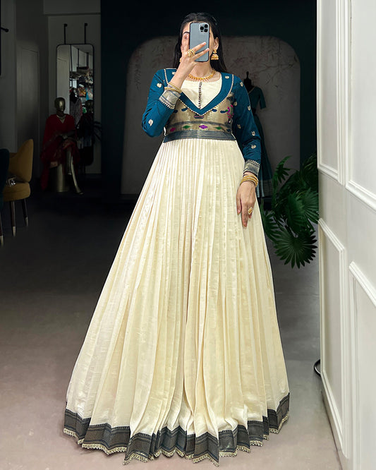 Off-White Color Vichitra Silk Zari Weaving Gown