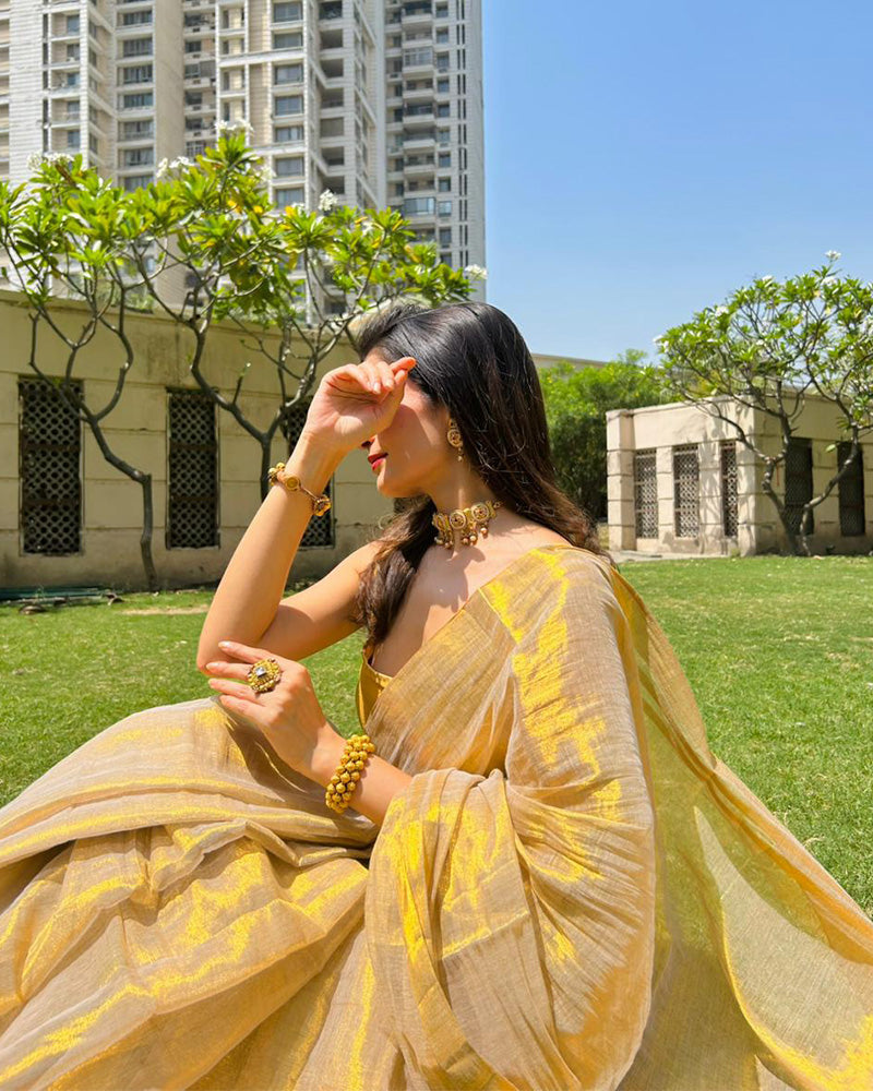 Cream Color Pure Mal Cotton Kanchipuram Saree