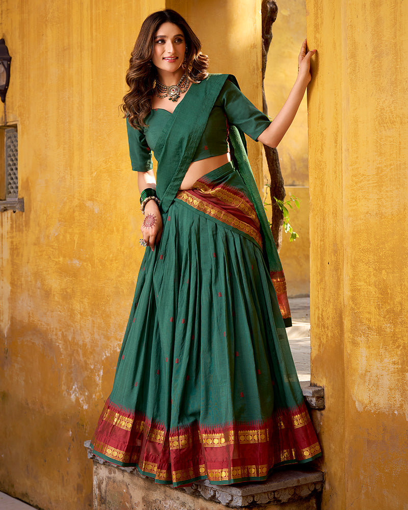 Elegant Teal Green Pure Chanderi Half Saree With Zari Weaving