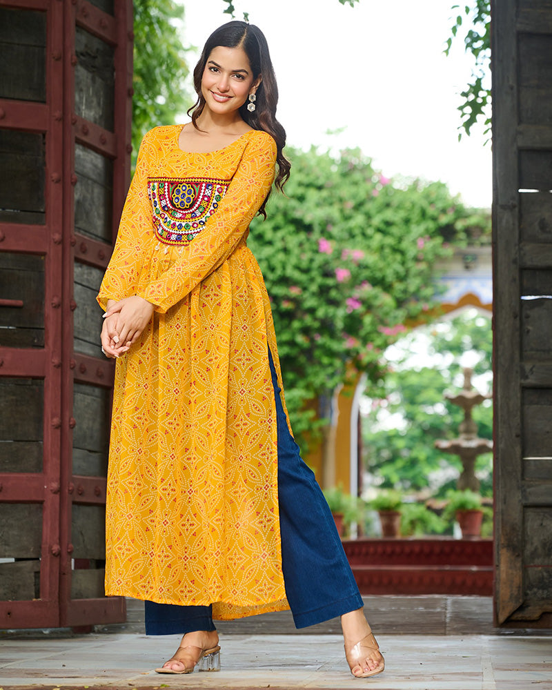 Festive Yellow Georgette Printed Kurti With Gamthi Patchwork