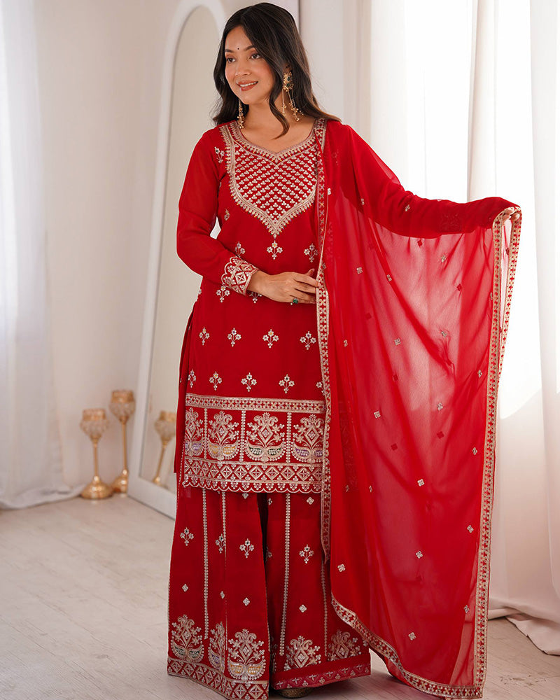 Royal Red Color Faux Georgette Embroidered Plazzo Suit