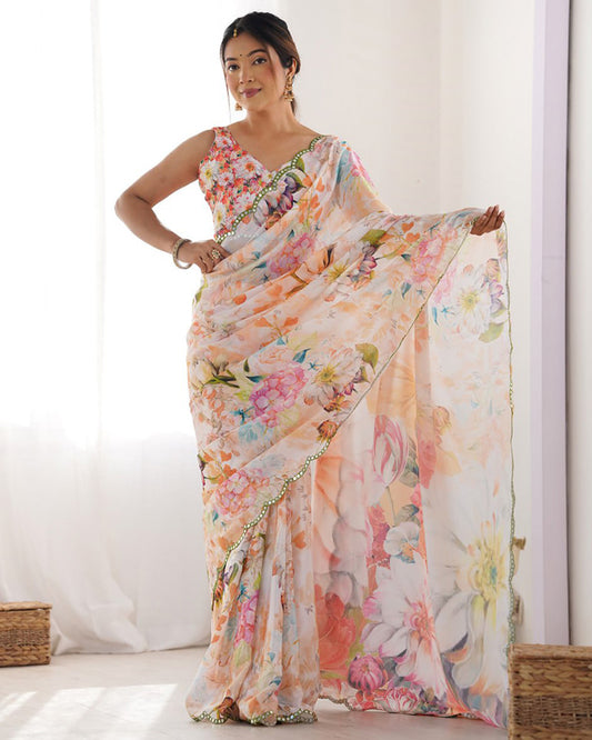 Peach Color Chinnon Silk Saree