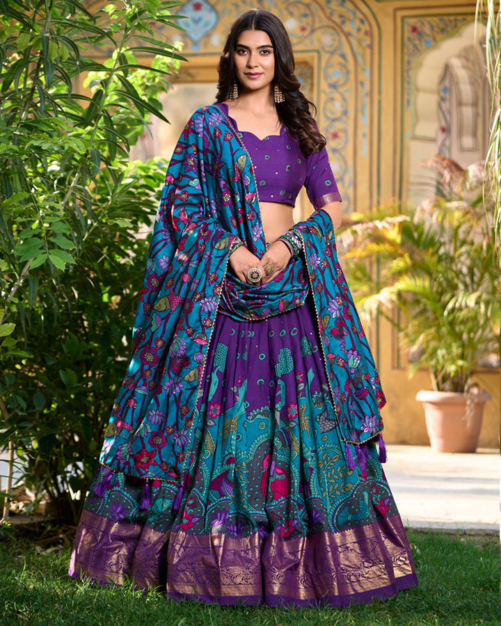 Purple Color Tussar Silk Kalamkari Printed Navratri Lehenga Choli