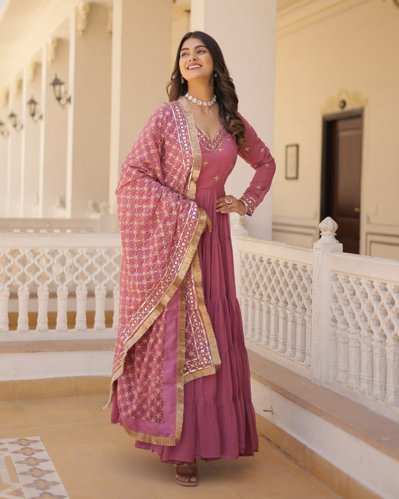 Onion Color Faux Georgette Designer Anarkali Gown With Dupatta