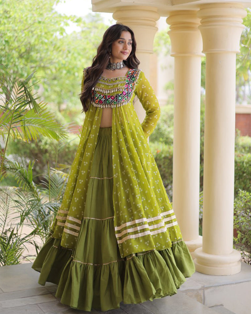 Parrot Green Color Bandhani Printed Kurti With Kora Cotton Lehenga Choli