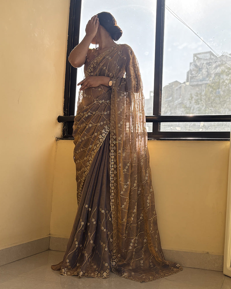 Luvender Color Space Silk Embroidered Saree