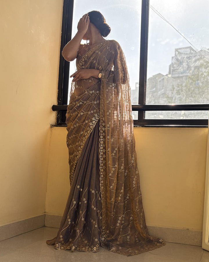 Luvender Color Space Silk Embroidered Saree