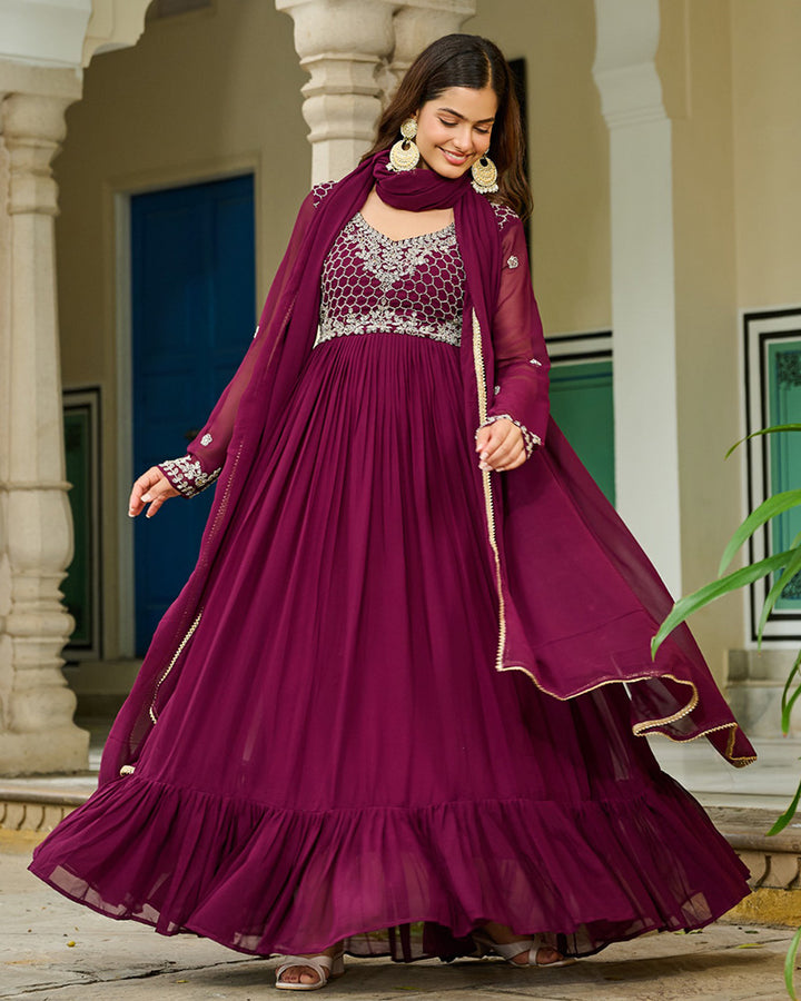 Wine Color Faux Blooming Beads Embroidered Gown