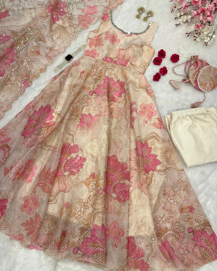Off-White Color Digital Printed Soft Organza Anarkali Suit