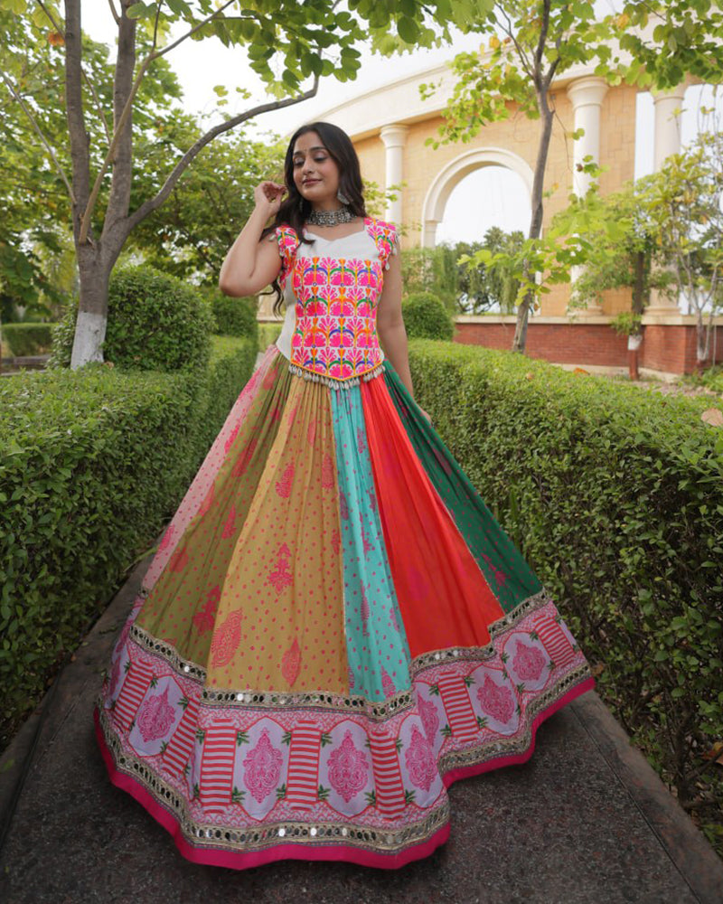 Multi Color Cotton Printed Mirror Work Navratri Lehenga Choli