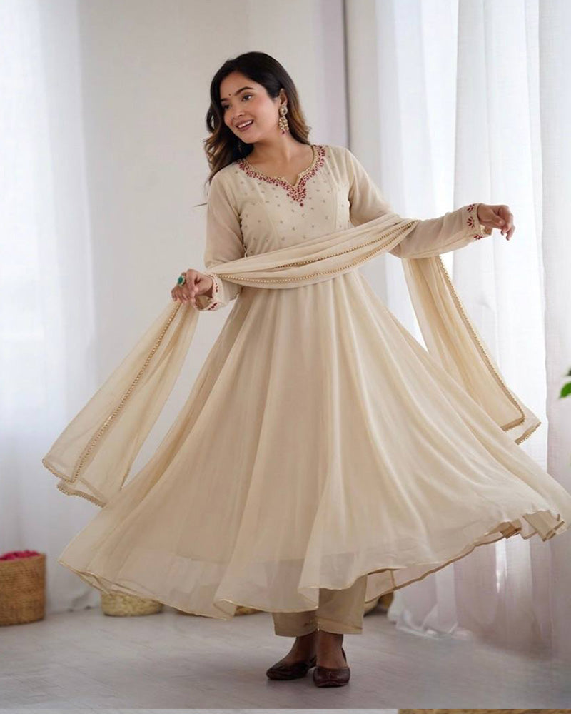Off  White Color Faux Georgette Elegant Gown