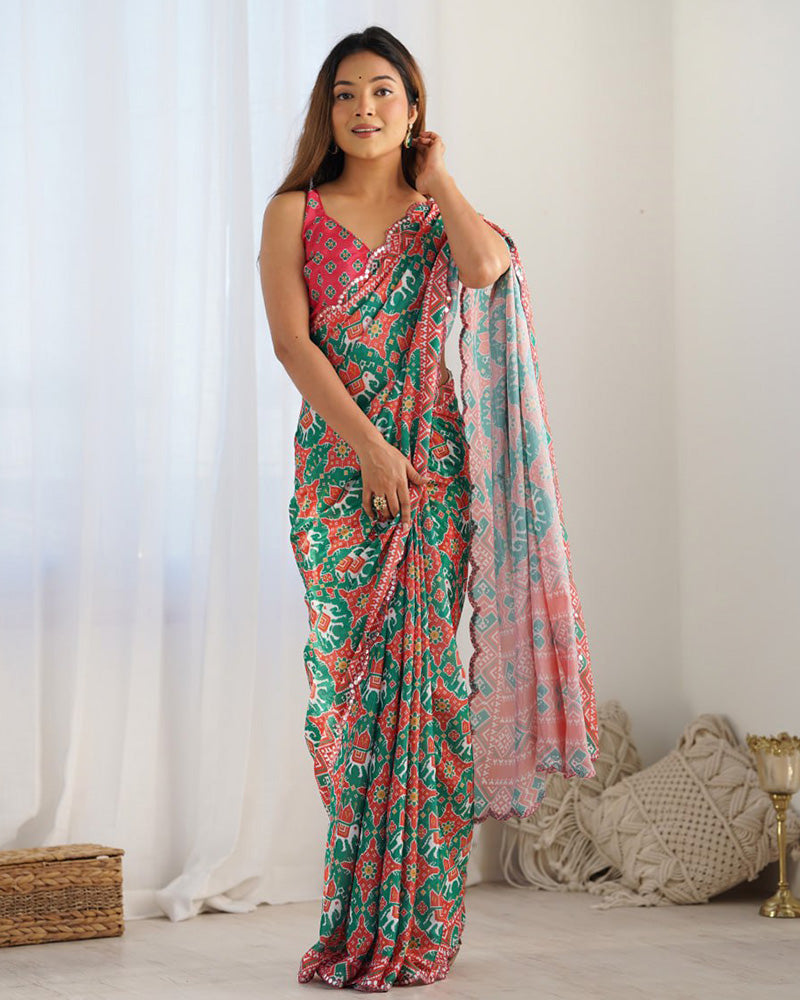 Bottle Green Color Chinnon Silk Saree