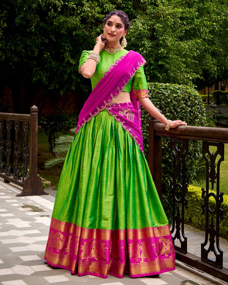 Parrot Green Color Poly Cotton Half Saree