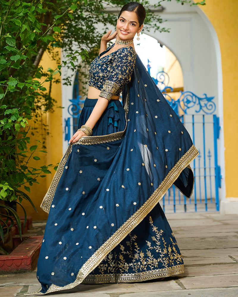 Rama Color Vichitra Silk Thread Embroidered Lehenga Choli