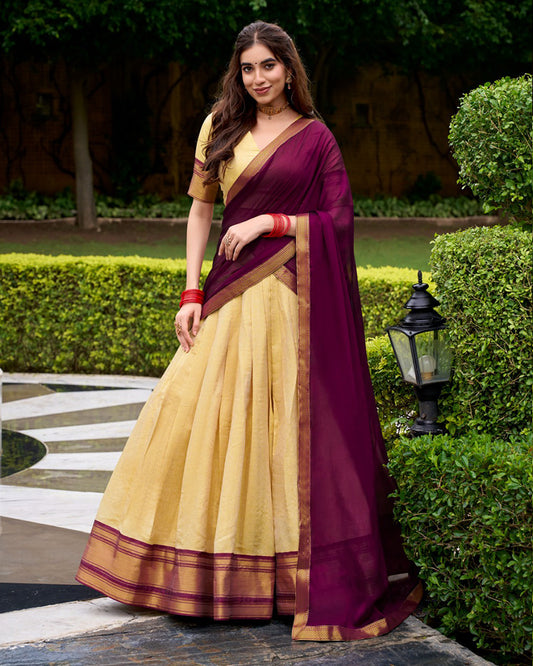 Traditional Wine Color Kanchipuram Zari Weaving Half Saree