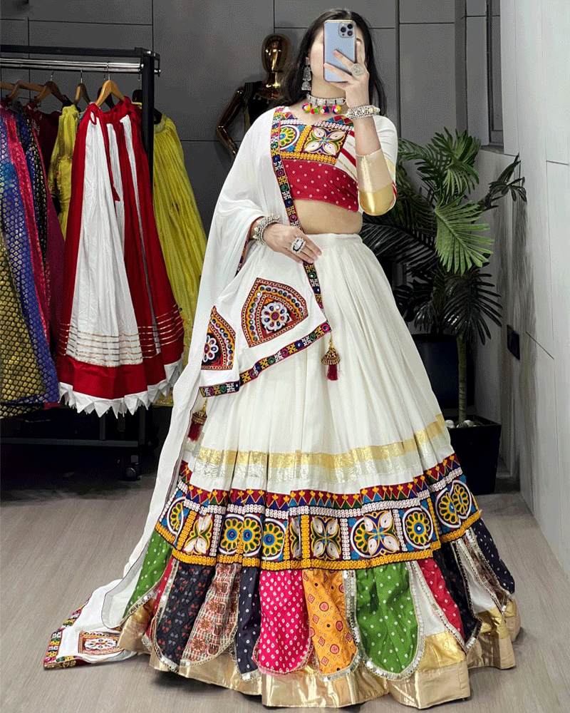 White Multi Color Traditional Navratri Lehenga Choli Set