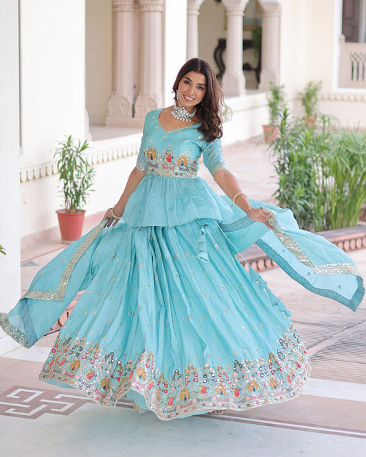 Sky Color Gold Crush Embroidered Lehenga Choli