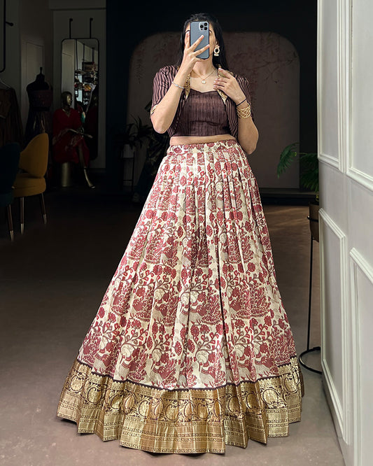 Brown Color Tasar Silk Viscose Printed Lehenga Choli