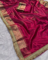 Premium Rani Pink Color Organza Tissue Silk Saree
