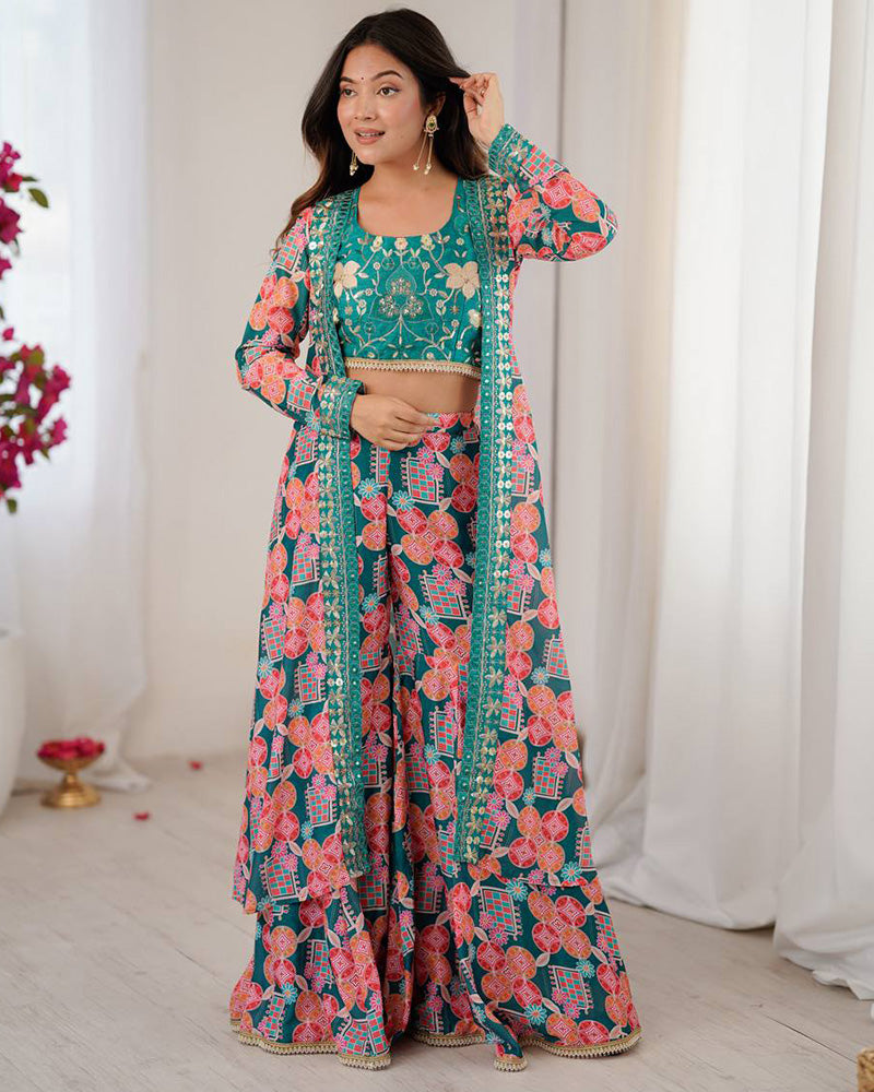 Bottle Green Color Muslin Cotton Printed Plazzo Suit