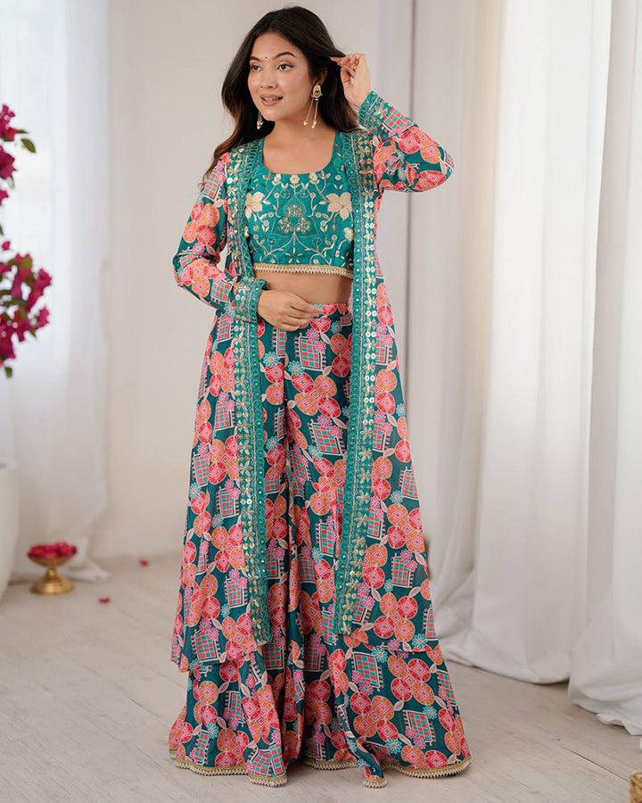 Bottle Green Color Muslin Cotton Printed Plazzo Suit