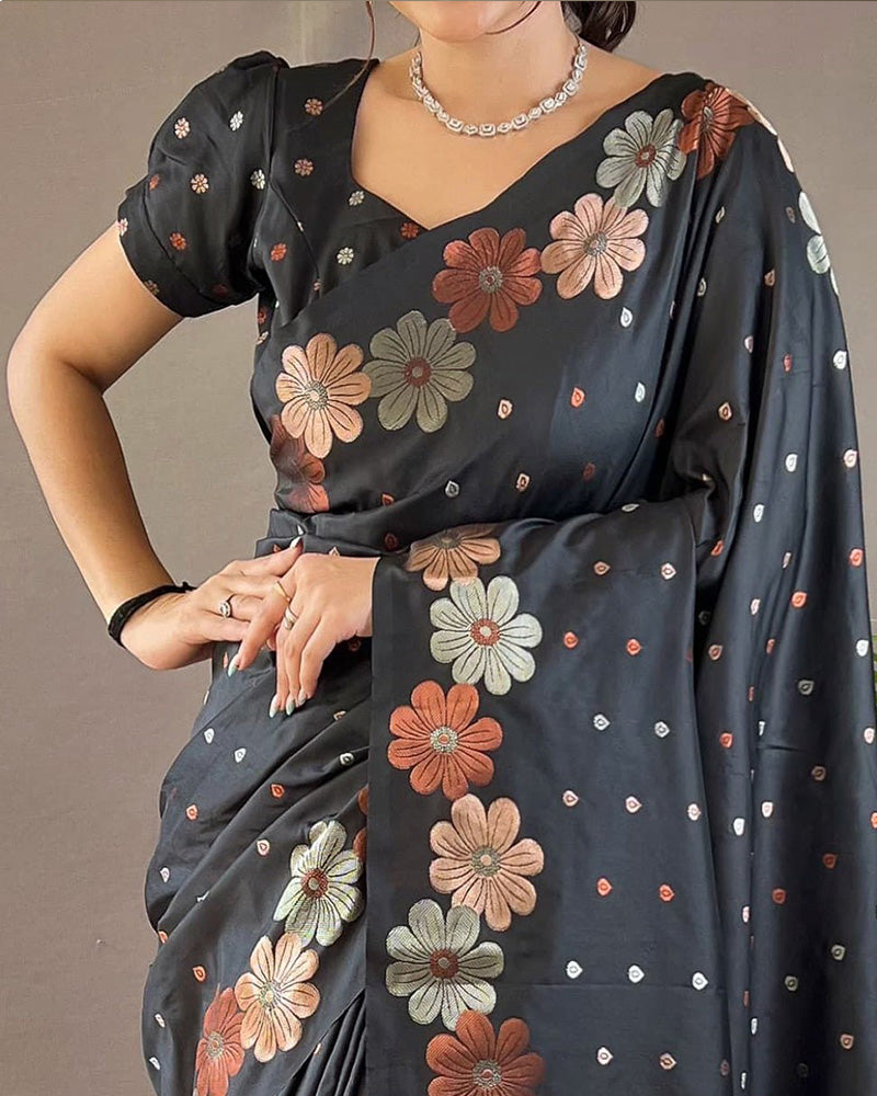 Jacquard Design Black color Soft Lichi Silk Saree