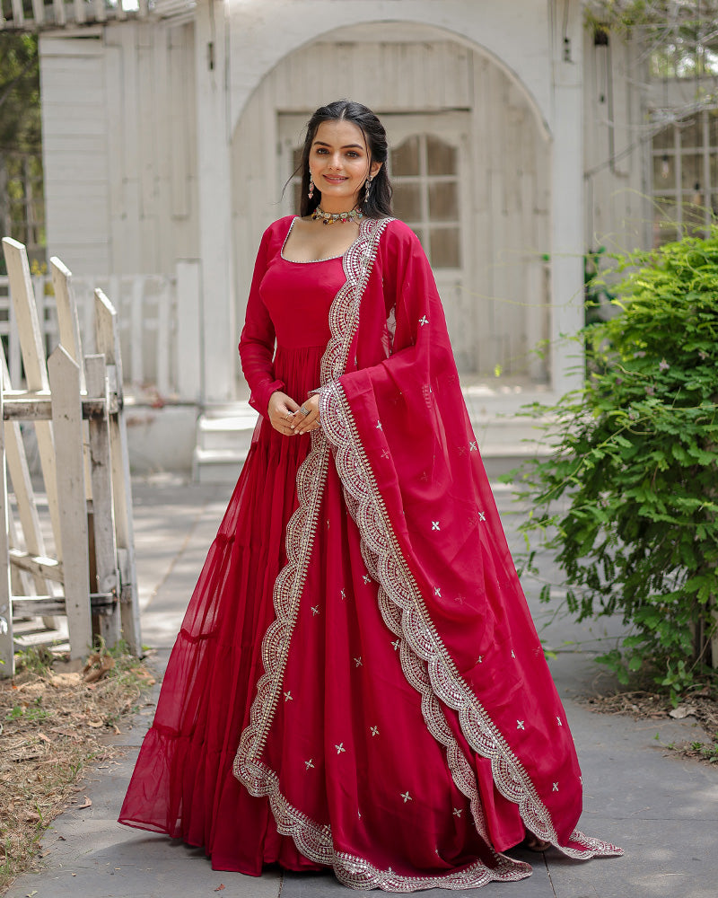 Rani Pink Color Designer Embroidered Gown With Dupatta TANHAI Rani Pink Color Designer Embroidered Gown With Dupatta TANHAI