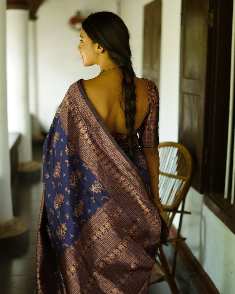 Blue Color Floral Soft Lichi Silk Saree