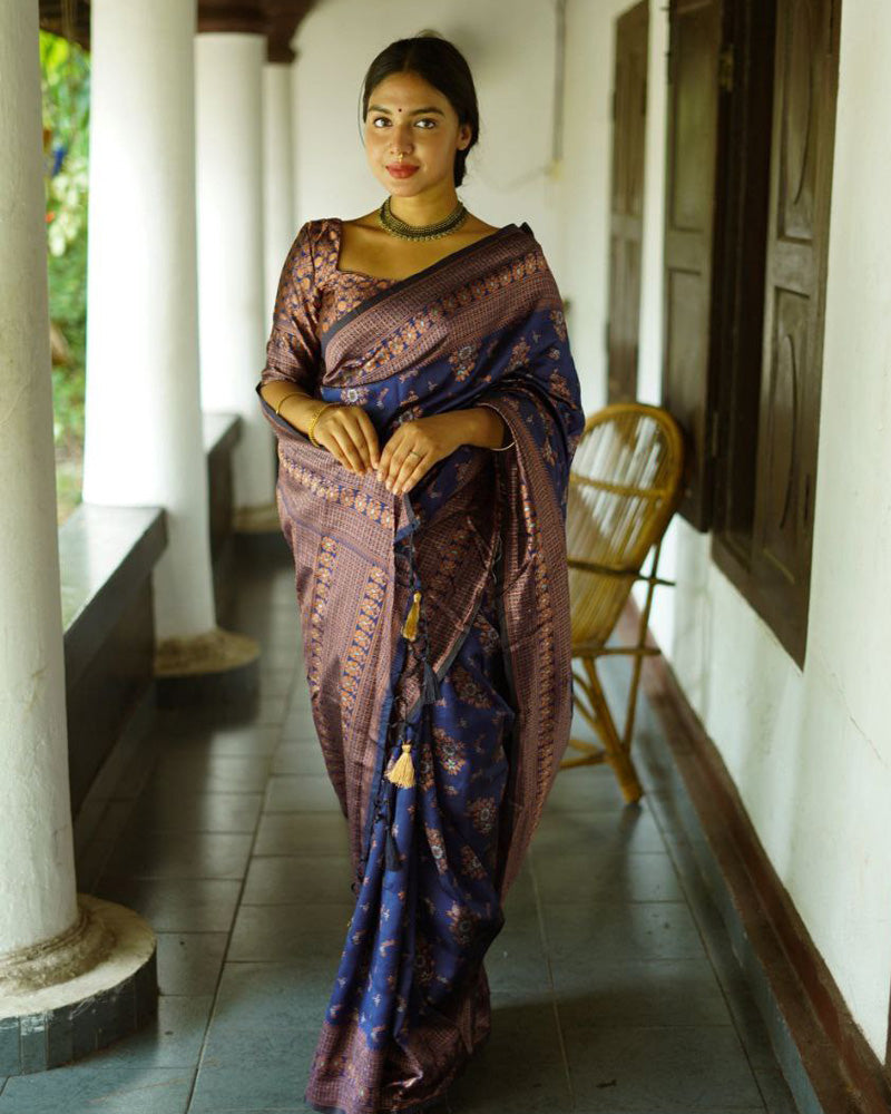 Blue Color Floral Soft Lichi Silk Saree