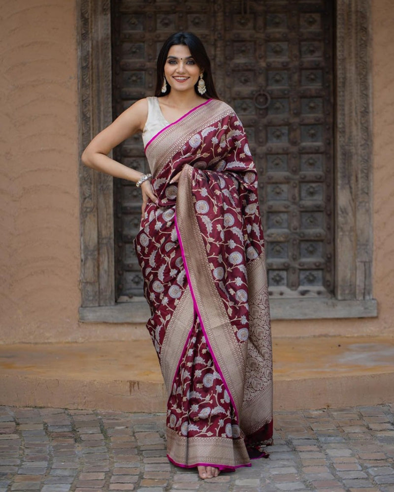 Heavy Designing Maroon Color Jacquard Print Soft Silk Saree