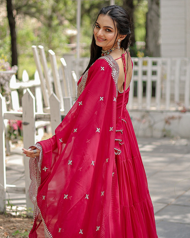 Rani Pink Color Designer Embroidered Gown With Dupatta