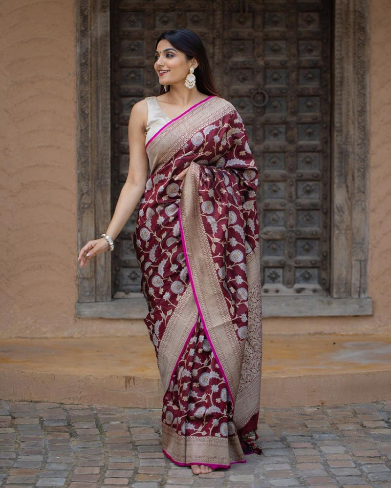 Heavy Designing Maroon Color Jacquard Print Soft Silk Saree