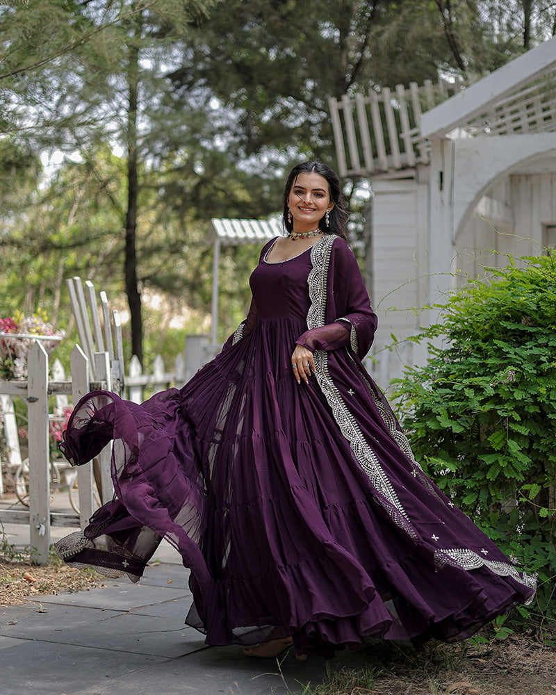 Wine Color Designer Embroidered Gown With Dupatta