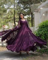 Wine Color Designer Embroidered Gown With Dupatta