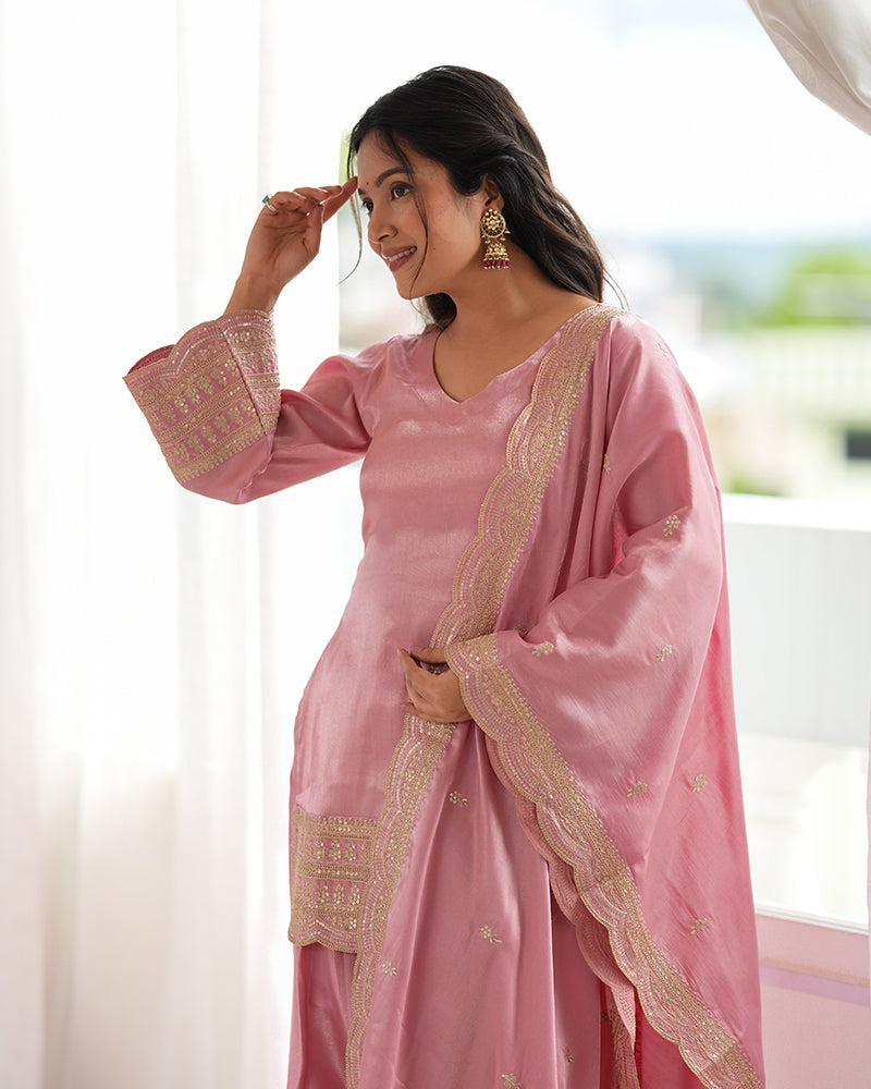 Pink Color Roman Silk Embroidered Farshi Salwar Suit