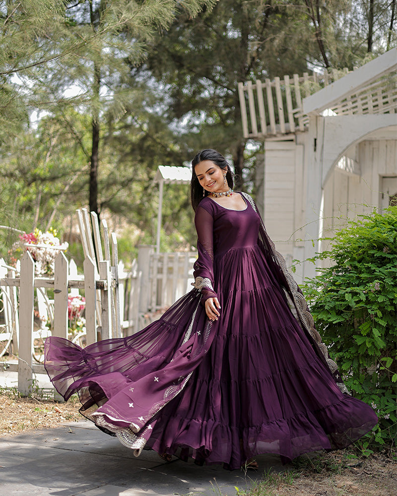 Wine Color Designer Embroidered Gown With Dupatta